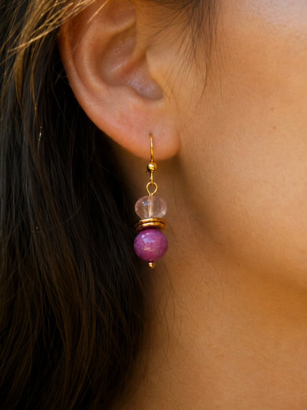 Dainty Pink Jade & Fluorite Gold Dangle Earrings, Fairycore Style
